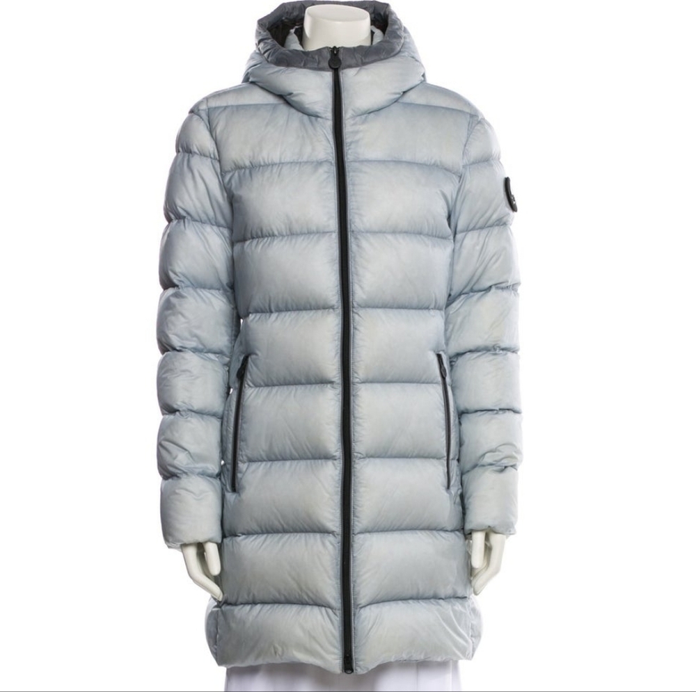 Moose Knuckles Lighten Up Down Mid Length Hooded Coat In Light Blue Size XS